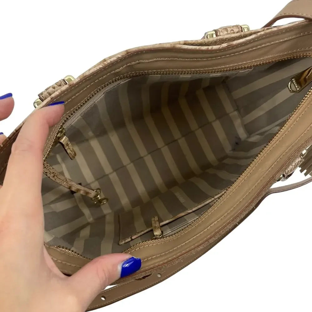 Brahmin Small Lena Satchel Bag Travertine Brevik Croc Embossed Suede Tan